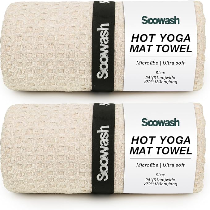 2 Pack Hot Yoga Towel, Yoga Mat Towels Non Slip for Hot Yoga with Strap, Microfiber Yoga Accessories, Soft Absorbent Quick Dry, Pilates Exercise Fitness 24" X 72"Beige