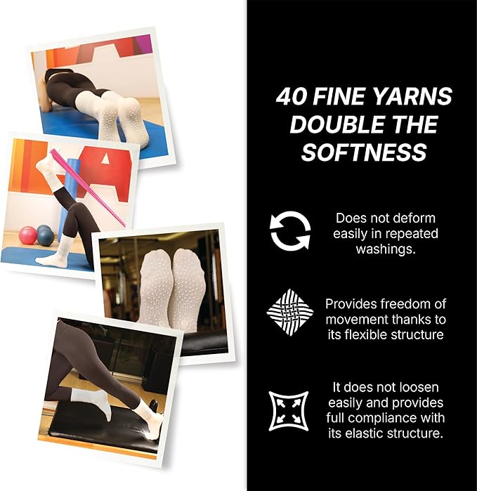 BELINO Pilates Socks for Women with Non Slip Grippers – Crew Socks for Yoga, Barre, Gym, Workout, Hospital 4 Pairs