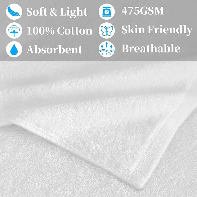 Sweat Towel for Men & Women, Sports Hand Towel for Yoga, Shower, Tennis, Running, Exercise & Fitness - 100% Cotton, Breathable, Soft & Absorb, Workout Towels for Gym (2PC, 14"x48") , White