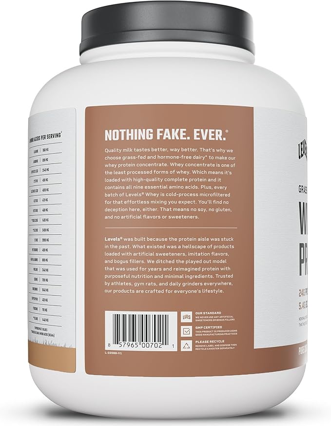 Levels Grass Fed Whey Protein Powder, No Artificials, 24G of Protein, Pure Chocolate, 5LB