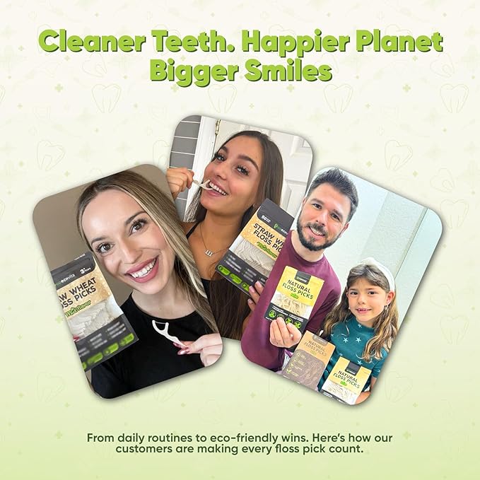 Biodegradable Floss Picks (Unflavored) - Natural Straw Wheat Handle | Thin & Durable Thread for Tight Gaps! | Dental Flossers for Adults | Gentle on Gums & Teeth | Eco Friendly, Vegan (100 Pack)