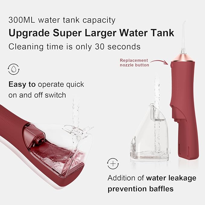 Water Dental Flosser for Teeth, Portable Cordless Water Flosser with 300ML Rechargeable with Type-C, IPX7 Waterproof Water Flossers for Adults with 3 Intensity Modes and 3 Flossing Tips