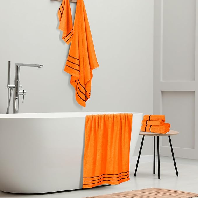 MyOwn Ultra Soft 6 Pack Cotton Towel Set, Contains 2 Bath Towels 28x55 inch, 2 Hand Towels 16x24 inch & 2 Wash Coths 12x12 inch, Ideal Everyday use, Compact & Lightweight - Orange, 71653
