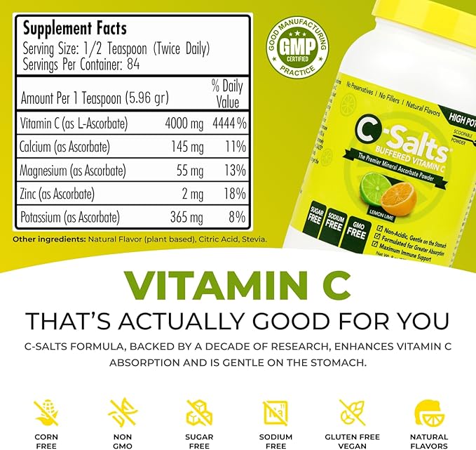 C-Salts Vitamin C Powder Supplement - 100% Pure High Dose Buffered Vitamin C Powder for Immune Support - Organic, Sugar-Free, Vegan, Non-GMO, Stomach-Friendly, Lemon Lime 8oz