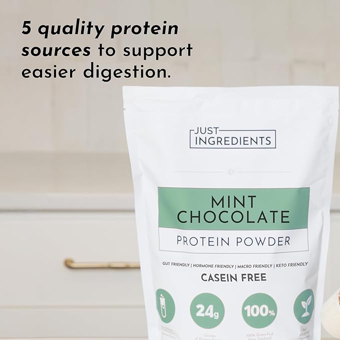 JUST INGREDIENTS Mint Chocolate Protein Powder – 30 Serving Bag – Grass-Fed Whey & Plant Protein Blend with Real Cocoa & Peppermint –Sweetened, Non-GMO, Gluten-Free, No Artificial Flavors