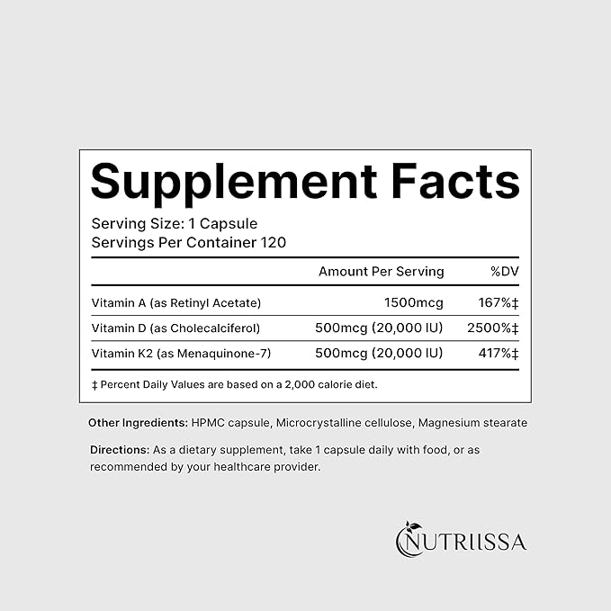 Nutriissa ADK 20 - Immune & Bone Health Support with Vitamins A, D & K (25,000 IU) - 4-Month Supply - EPEB Certified for Purity & Potency - 120 Vegan Capsules