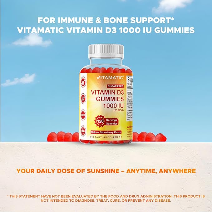 Vitamatic Sugar Free Vitamin D3-120 Pectin Based Gummies - Great Taste - Healthy Bones, Mood & Immune System Function - Non-GMO - 120 Servings (1000 IU)
