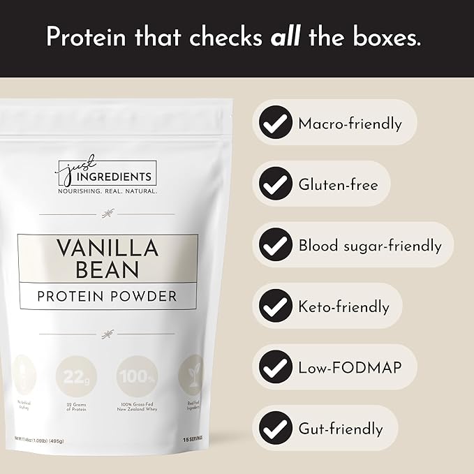 JUST INGREDIENTS Protein Powder | Vanilla Protein Powder Made with 100% Grass Fed, Non Denatured Whey | Four Different Protein Sources from Organic Whole Food Ingredients | 15 Servings | 22g Protein