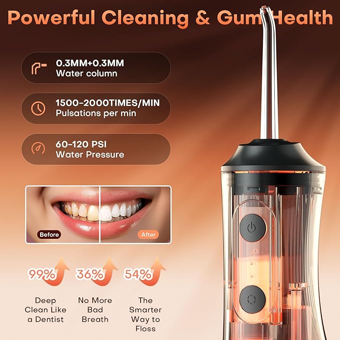 Water Dental Flosser - Portable Cordless Oral Irrigator 300ML, Rechargeable IPX7 Waterproof Irrigation Cleaner for Teeth Cleaning & Flossing, Travel & Home Use