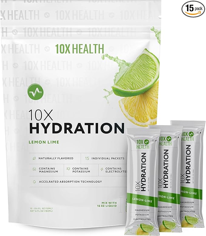 10X Health Hydration Packets Lemon Lime Electrolyte Drink Mix Liquid 15 Stickpacks with Magnesium Citrate, Sodium & Potassium - Natural Flavored Electrolyte
