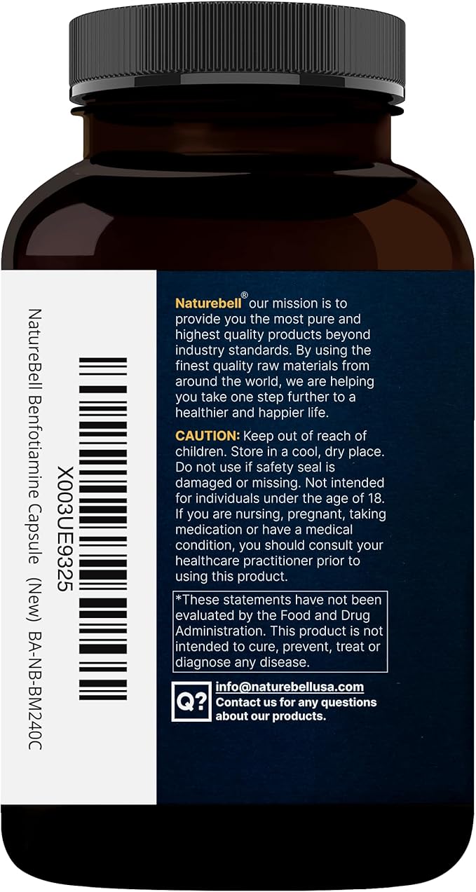 NatureBell Benfotiamine 300mg with Thiamine 100mg Per Serving | 240 Veggie Capsules – Essential Vitamin B1 Benfotiamine Supplement – Vegetarian Friendly