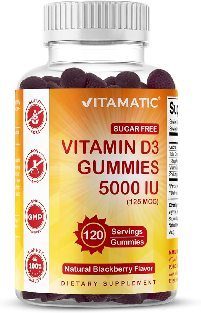 Vitamatic Sugar Free Vitamin D3 5000 IU - 120 Gummies - Great Taste - Healthy Bones, Mood & Immune System Function - Non-GMO - 120 Servings (5000 IU)