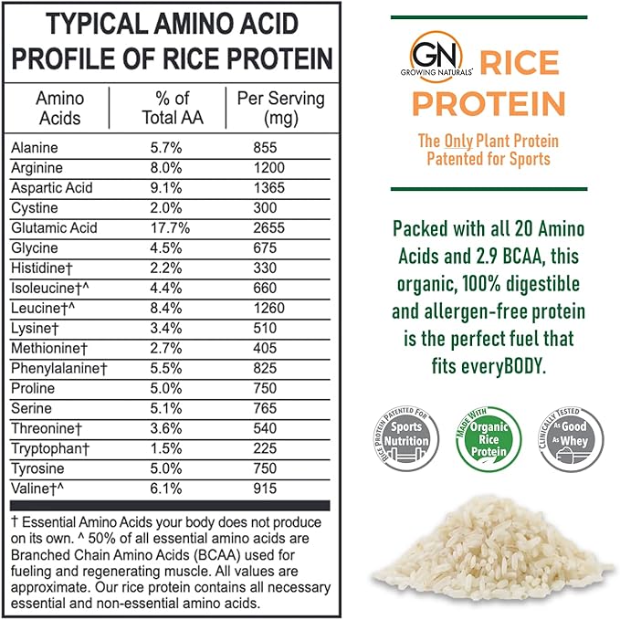 Growing Naturals Organic Rice Protein Powder - 15g Plant Protein, 2.8G BCAA - Low-Carb, Low-Sugar, Non-GMO - Vanilla Blast, 2 Pound (Pack of 1)