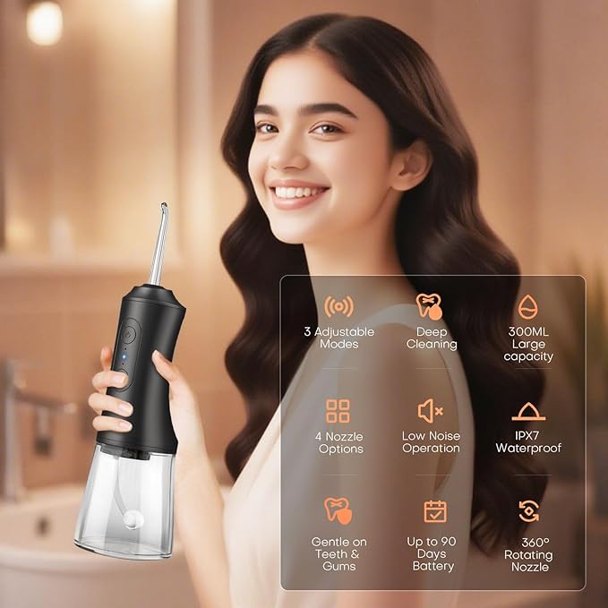 Water Dental Flosser - Portable Cordless Oral Irrigator 300ML, Rechargeable IPX7 Waterproof Irrigation Cleaner for Teeth Cleaning & Flossing, Travel & Home Use