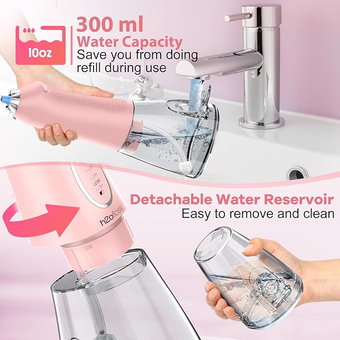 Water Dental Flosser Teeth Cleaner Pick, H2ofloss Cordless Portable Oral Irrigator,5 Mode IPX7 Waterproof Teeth Picks 300ML Rechargeable WaterFlosser for Home Travel (Pink)