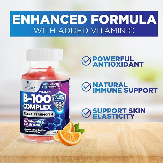 B Complex Supplement Gummies with Vitamin C & Folic Acid, Extra Strength Super Vitamin B Gummy with Niacin, B6, Folic Acid, B12, Biotin, Nature's Energy Immune Support Supplements - 120 Gummies