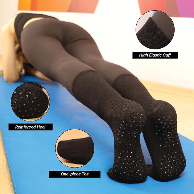 BELINO Pilates Socks for Women with Non Slip Grippers – Crew Socks for Yoga, Barre, Gym, Workout, Hospital 4 Pairs