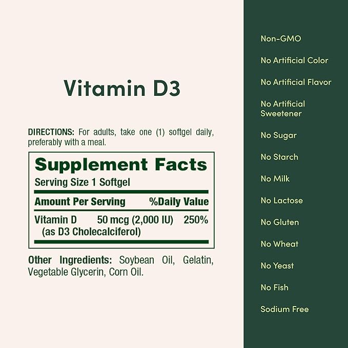 Nature's Bounty Vitamin D3 2000 IU | Supports Immune Health, Calcium Absorption & Bone Strength | Essential for Healthy Bones | Non-GMO, No-Gluten | 350 Softgels, 1 Serving Per Day for Daily Health