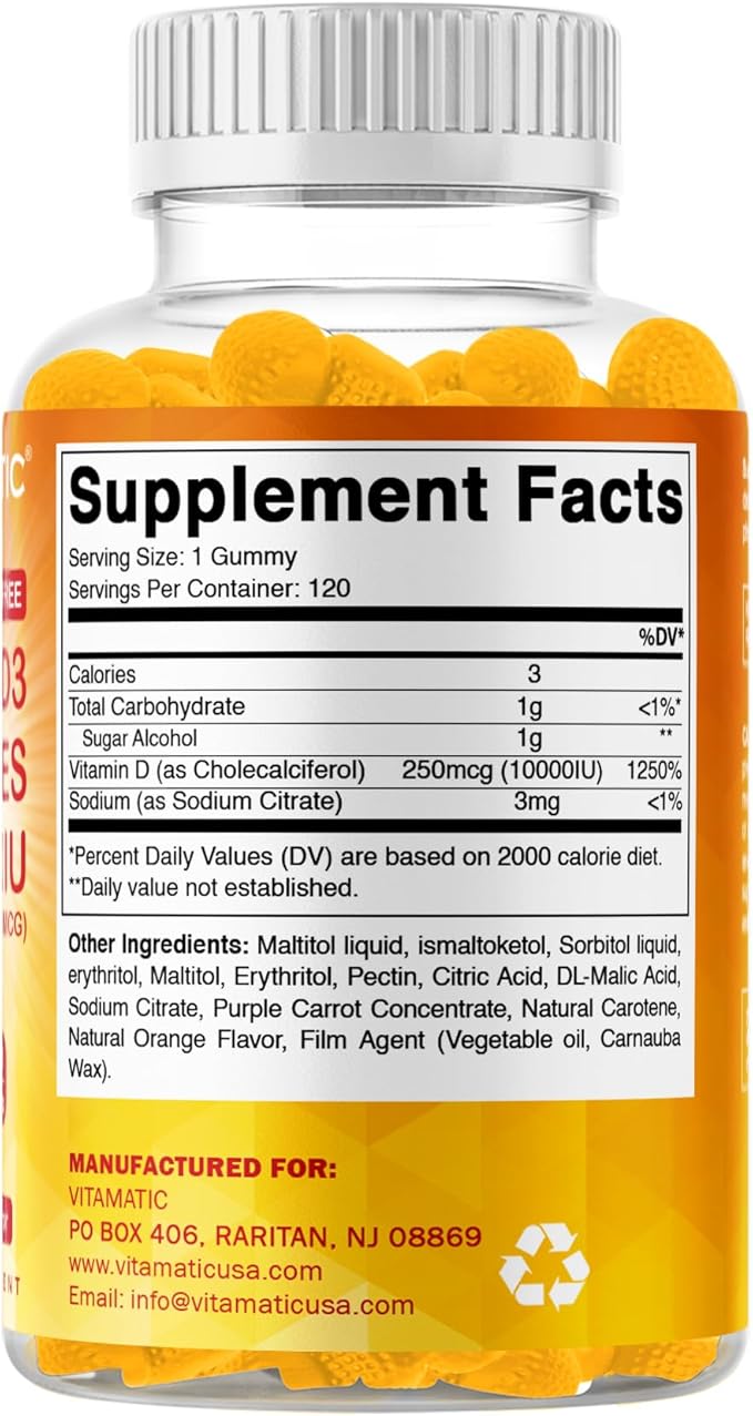 Vitamatic Sugar Free Vitamin D3 10000 IU - 120 Pectin Based Gummies - Great Taste - Healthy Bones, Mood & Immune System Function - Non-GMO - 120 Servings