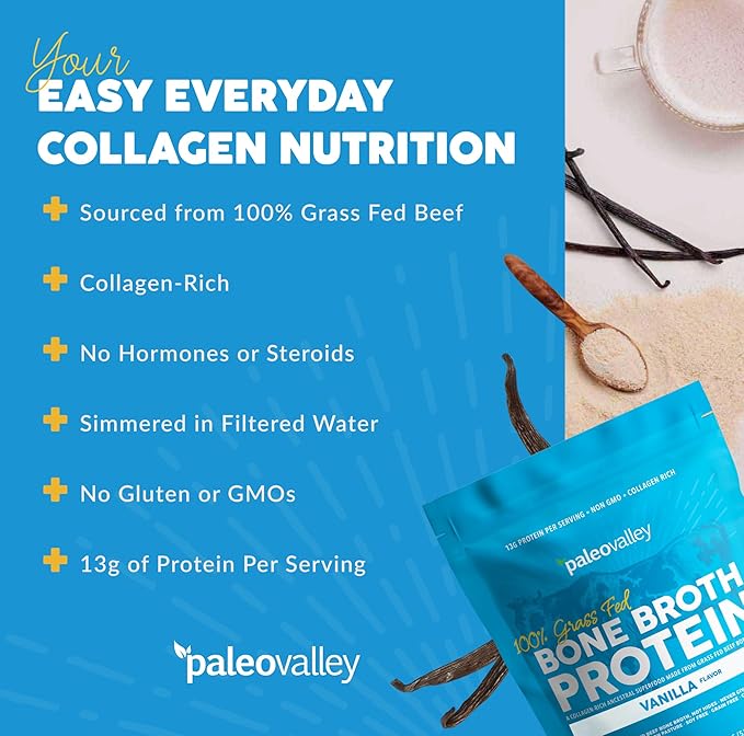 Paleovalley 100% Grass Fed Beef Bone Broth Protein Powder - Rich in Collagen Peptides for Hair, Skin, Gut Health, Bone and Joint Support - 15g Protein Per Serving - No Gluten or GMOs - Vanilla