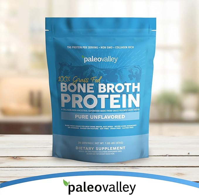 Paleovalley 100% Grass Fed Beef Bone Broth Protein Powder - Rich in Collagen Peptides for Hair, Skin, Gut Health, Bone and Joint Support - 15g Protein Per Serving - No Gluten or GMOs
