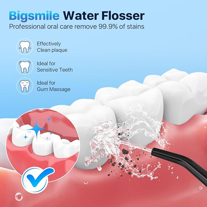 Bigsmile Black Water Flosser Cordless Portable Dental Irrigator Travel Shower Strong Pick Floss IPX7 200ML Must Have for Kids Braces Bridges (Black