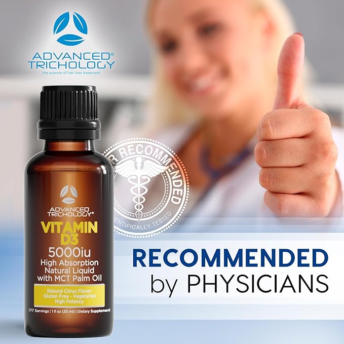 Advanced Trichology Vegetarian Liquid Vitamin D3-5000 iu High Absorption - 1000 iu per Drop - 6 Month Supply - Gluten Free 365 VIT D - 1 Fluid Ounce (Pack of 1)
