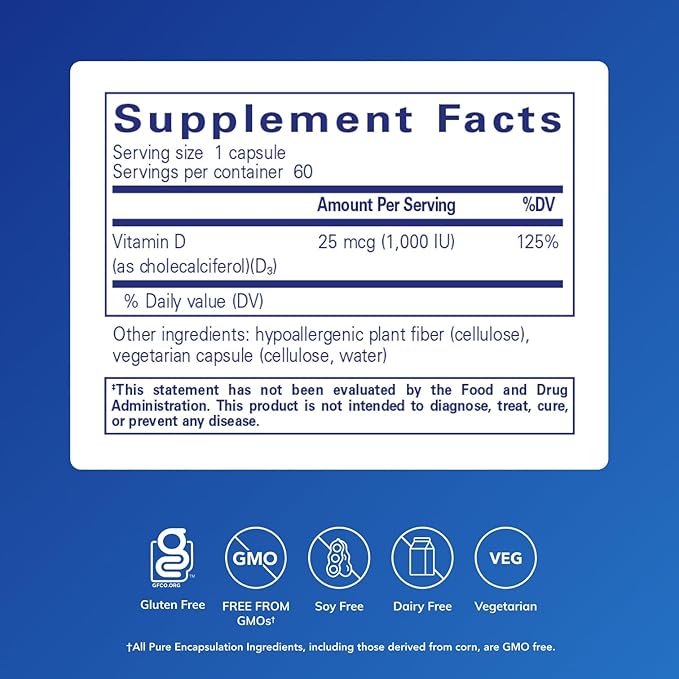 Pure Encapsulations Vitamin D3 25 mcg (1,000 IU) - Supplement to Support Bone, Joint, Breast, Heart, Colon & Immune Health - with Premium Vitamin D - 60 Capsules