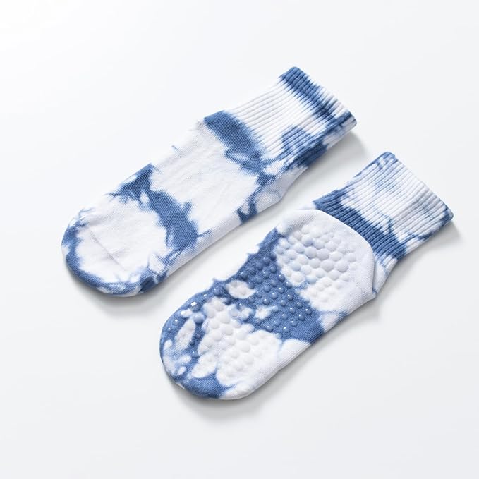 Yoga Pilates Socks with Grips for Women Non Slip Fleece Tie Dye Cushioned Ankle Socks for Barre Ballet Dance