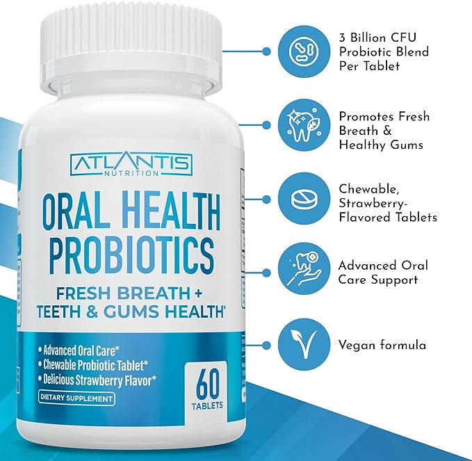 Atlantis Nutrition Oral Probiotics Chewable Tablet - Dental Probiotic for Gum Care & Teeth Care - Bad Breath Treatment for Adults - 3 Billion CFU Probiotic Blend - Strawberry Flavor - 60 Tablets