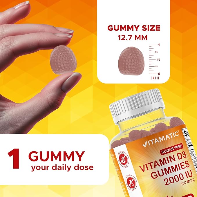 Vitamatic Sugar Free Vitamin D3 2000 IU - 120 Pectin Based Gummies - Great Taste - Healthy Bones, Mood & Immune System Function - Non-GMO - 120 Servings