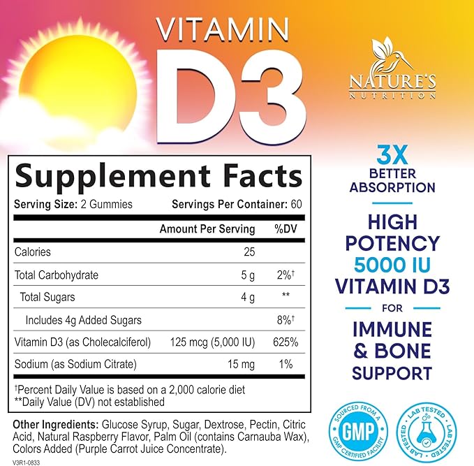 Vitamin D3 Gummy 5000 IU (125 mcg) - Dietary Vitamins D Supplement for Women & Men - Bone, Teeth, Muscle & Immune Health Support, High Potency VIT D3 Nature's Non-GMO & Gluten Free - 120 Gummies