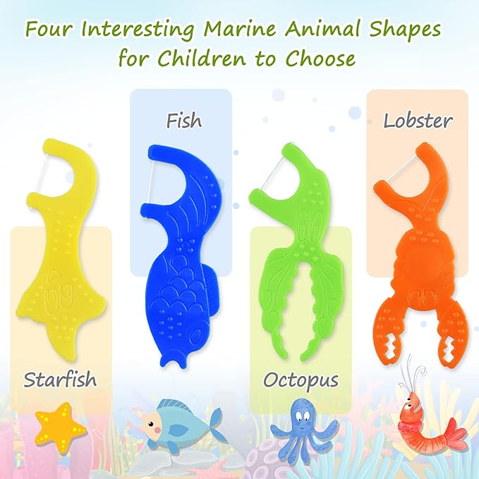 Kids Flossers, Kids Dental Floss Picks Without Fluoride, Unflavored, 4 Colors Ocean Animals Shaped Makes Flossing Fun, 50 Count (Pack of 4)