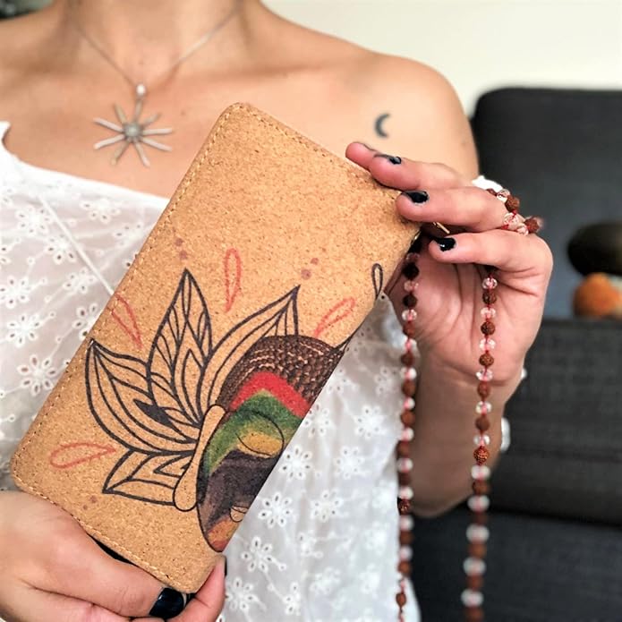Buddha Cork Vegan Wristlet Wallet - credit card, business cards, coins & bills Room for Cellphone
