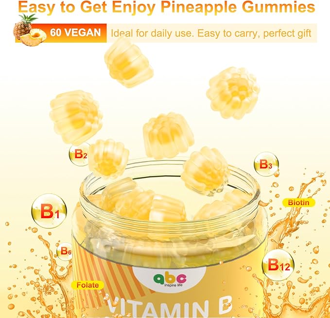 Vitamin B Complex Gummies for Adult Kid-Pineapple Flavor-Chewable Supplement with 8 Essential B Vitamins (B1, B2, B3, B5, B6, B7, B9, B12) Non GMO,Vegan 60 Count