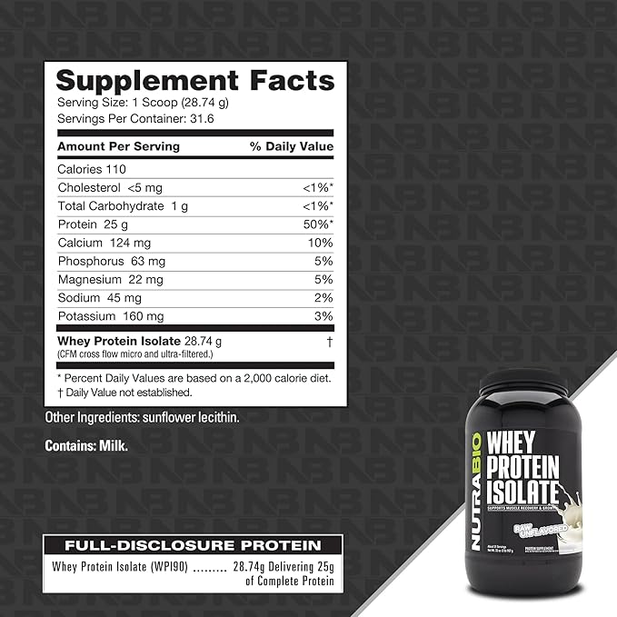 NutraBio 100% Whey Protein Isolate Protein Powder, 25g Protein with Complete Amino Acid Profile, Non-GMO, Soy & Gluten Free, Low Carb, Low Calorie Whey Protein Powder, Raw Unflavored, 2 Lbs