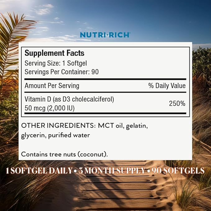 Nutri-Rich Vitamin D3 2000 IU — Daily Immune Support Softgels for Bone & Muscle Function, High Potency, No Artificial Additives, Soy-Free, Gluten‑Free, Third-Party QualityTested