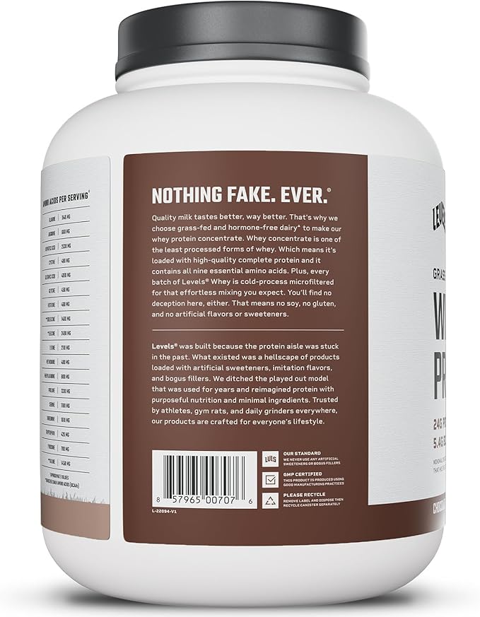 Levels Grass Fed Whey Protein Powder, No Artificials, 24G of Protein, Chocolate Mocha, 5LB