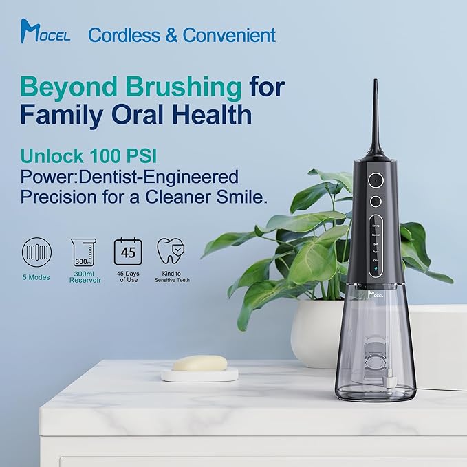Water Dental Flosser OLED Display Cordless Teeth Cleaning MOCEL 5 Modes Oral Irrigator 300ML Portable and USB C Rechargeable IPX7 Waterproof Floss Teeth Pick (Black)