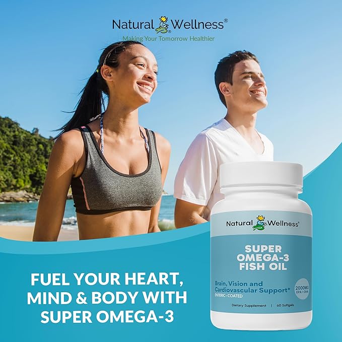 Natural Wellness Super Omega-3 Fish Oil – 600mg EPA & 400mg DHA – High Potency Omega 3 Fish Oil Supplement for Heart, Brain, Joint & Immune Health – Purified, Enteric-Coated Softgels, 60 Count