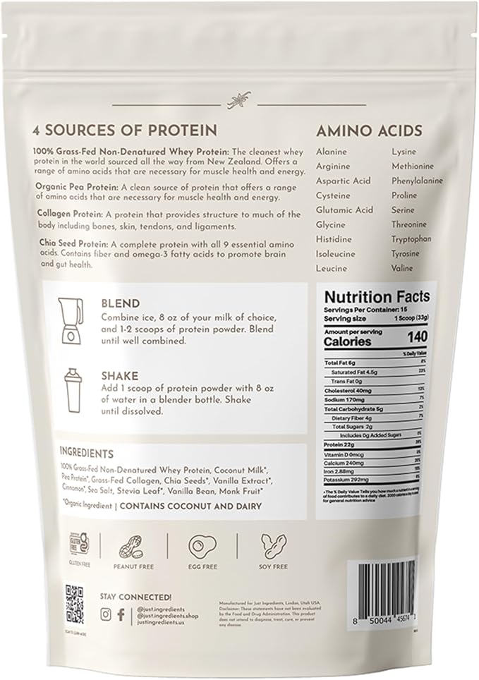 JUST INGREDIENTS Protein Powder | Vanilla Protein Powder Made with 100% Grass Fed, Non Denatured Whey | Four Different Protein Sources from Organic Whole Food Ingredients | 15 Servings | 22g Protein
