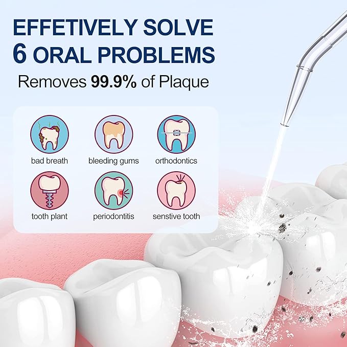 Water Dental Flosser Oral Irrigator with 5 Modes, 350ml Cordless Water Teeth Cleaner Pick 6 Tips, IPX7 Waterproof Rechargeable Portable Powerful Battery for Travel & Home Braces & Bridges Care