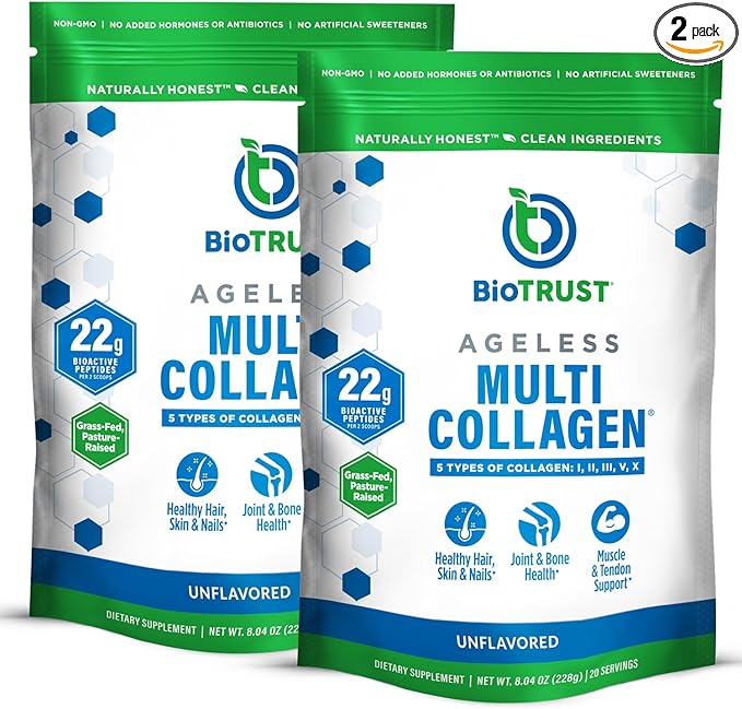 BioTrust Ageless Multi Collagen Peptides Powder – 5 Types (I, II, III, V, X) – Unflavored Collagen Powder for Women & Men – Hydrolyzed Protein – Grass Fed Beef, Fish, Chicken, Eggshell Membrane, 2-pk