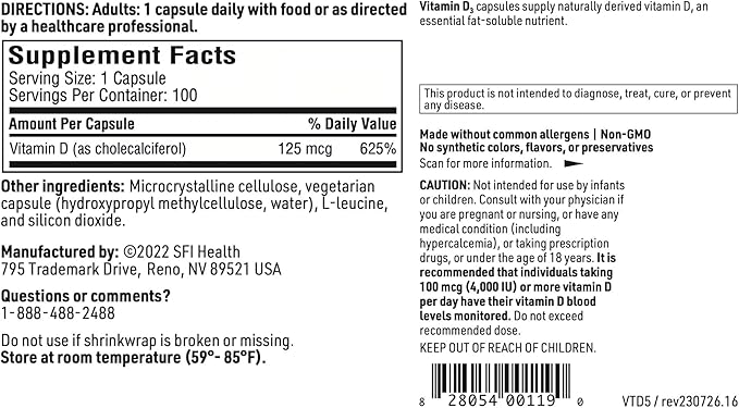 Klaire Labs SFI Health Vitamin D3 5000 IU - High Potency Vitamin D 125mcg - Immune Support - Helps Promote Bone & Heart Health - Hypoallergenic (100 Capsules)