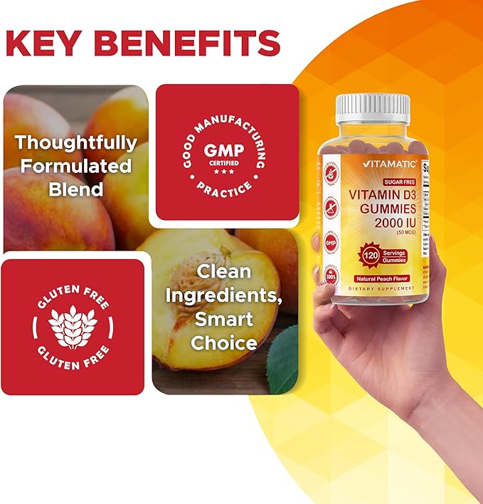 Vitamatic Sugar Free Vitamin D3 2000 IU - 120 Pectin Based Gummies - Great Taste - Healthy Bones, Mood & Immune System Function - Non-GMO - 120 Servings