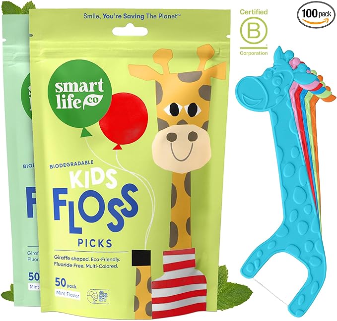 SmartLifeco Eco-Friendly Kids Flossers (100ct) - The Original Straw Wheat Dental Floss Picks for Children, Fluoride & PFA Free, Toothpick Flossing Sticks for Toddlers Teeth, No Shred Thread, Mint