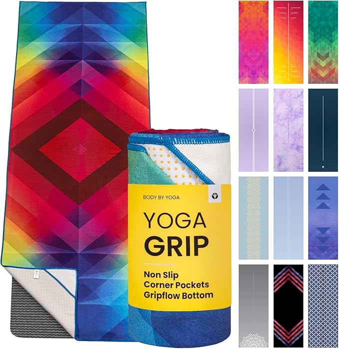 Yoga Grip Yoga Towel - Non Slip Hot Yoga Mat Towel With Corner Pockets, No-Skid Grip, and Built-in Alignment Lines | Soft, Moisture Wicking, and Sweat Absorbent | No Bunching, Stays in Place 72" x 25"