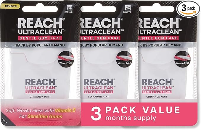REACH ULTRACLEAN Gentle Gum Care Expanding Floss – Woven, Non-Waxed, PFAS-Free with Vitamin E, for Sensitive Gums, Cinnamon Mint 55YD (3-Pack)