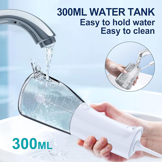 Water Dental Flosser OLED Display Cordless Teeth Cleaning MOCEL 5 Modes Oral Irrigator 300ML Portable and USB C Rechargeable IPX7 Waterproof Floss Teeth Pick (White)