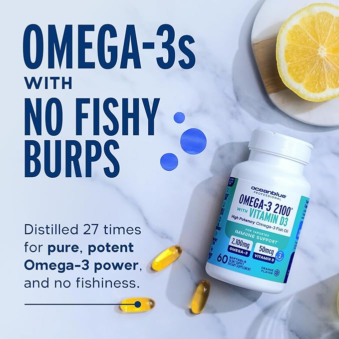Oceanblue Professional Omega-3 2100 with Vitamin D3 – 120 ct – Triple Strength Burpless Fish Oil Supplement with High-Potency EPA, DHA, DPA and Vitamin D3 – Wild-Caught – Orange Flavor (60 Servings)